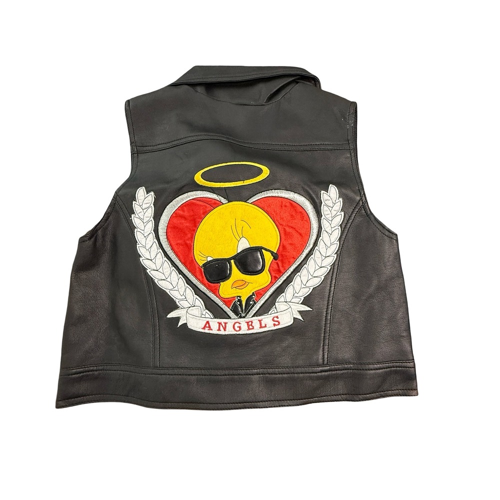 Looney Tunes Tweety Bird Faux Leather Vest Kids 10 Black Angels‎ Biker Vintage